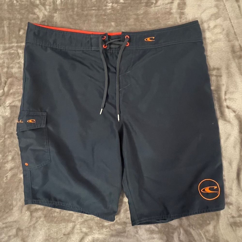 O'Neill Board Shorts Men 36 Blue Cargo Pocket Swim Trunks Orange Logo Surf